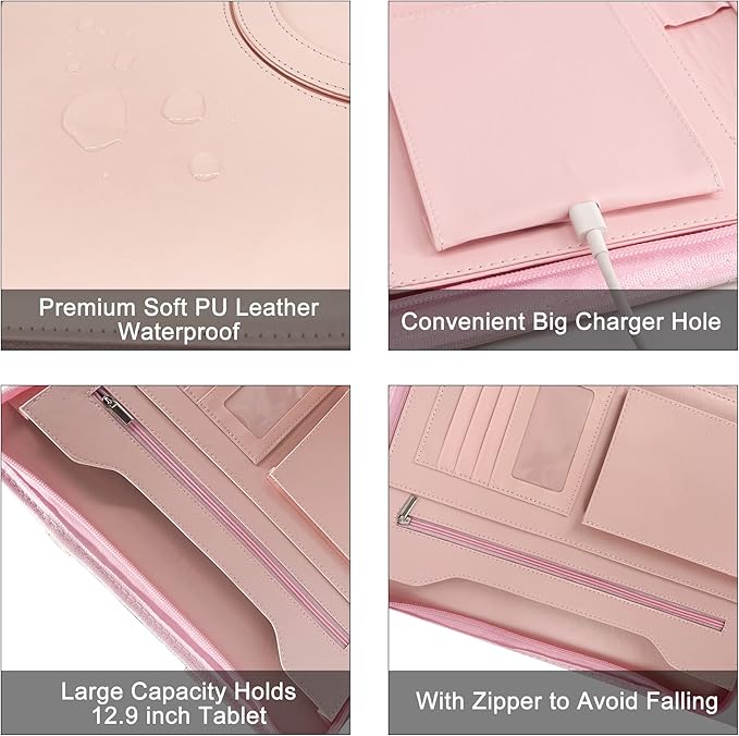 GraduatePro Portfolio Binder Leather Zippered Padfolio Folder Business Case Organizer Bag for Pad Notebook Resume with Clipboard for Women Graduation Gift, Pink