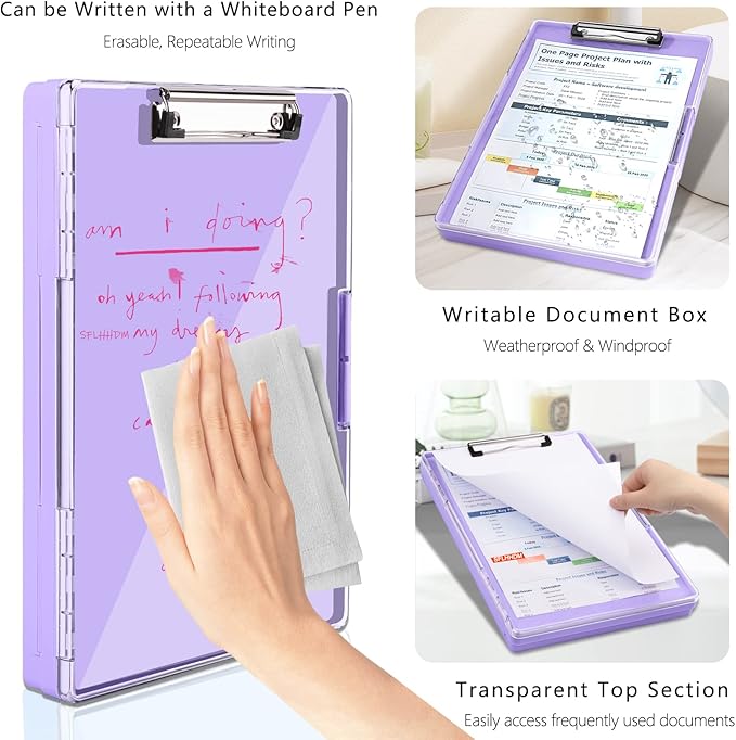 Clipboard with Storage,Heavy Duty Clip Boards 8.5x11 with 2 Storage Case,Clear Visible Top Panel Storage Clipboards,Side Opening Clip Boards,Nursing Clipboard Folder Case for Office Supplies-Purple