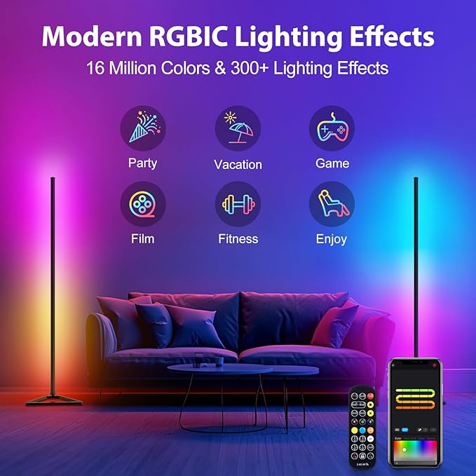 Floor Lamp,16 Million Colors LED Floor Lamps 141 cm Lamps for Living Room with Music Sync,Standing Lamp with App and Remote Control,Gaming Ambient Lighting Corner Lamp Bedroom Decor