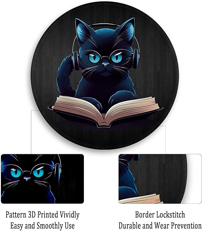 Gctriki Black Cat Round Mouse Pad for Desk Gaming Office Laptop, Funny Small Computer Mousepad with Stitched Edge Non-Slip Rubber Base, Cute Cat Office Decor Desk Accessories Supplies