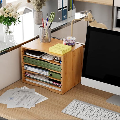 Bamjoy Bamboo 5 Tier Desktop Organizer, Paper Organizer Mail Sorter, File Holder Letter Document Storage with Adjustable Shelves for School Home Office, Natural