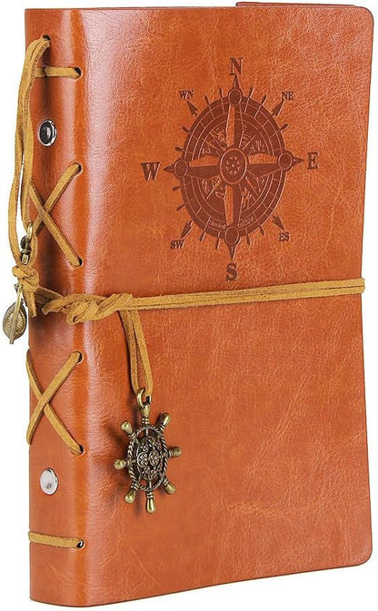 EvZ Leather Writing Journal Notebook, 7 Inches Vintage Nautical Spiral Blank String Diary Notepad Sketchbook Travel to Write in, Unlined Paper, Retro Pendants, Classic Embossed, Brown