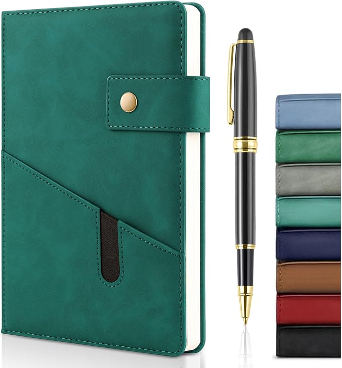A5 Leather Journal Notebook with Pen, 200 Pages Hardcover Journal with Pocket, 100gsm Thick Lined Paper Daily Diary for Men and Women, Great Gift for Business School Travel Personal - Green