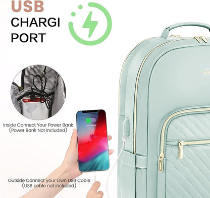 LOVEVOOK Leather Backpack for Women,17.3 inch Leather Laptop Backpack Women Computer Backpack Laptop Bag,Stylish Quilted Travel Backpack Purse Work College Teacher Backpack with USB Port,Powder Blue