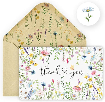 Artoid Mode 24 Pack Daisy Lavender Spring Thank You Cards Floral Leaves Greeting Cards Gift With Envelope Sticker Blank Note Cards for Birthday Wedding Baby Shower Bridal Shower, 4 x 6 Inch