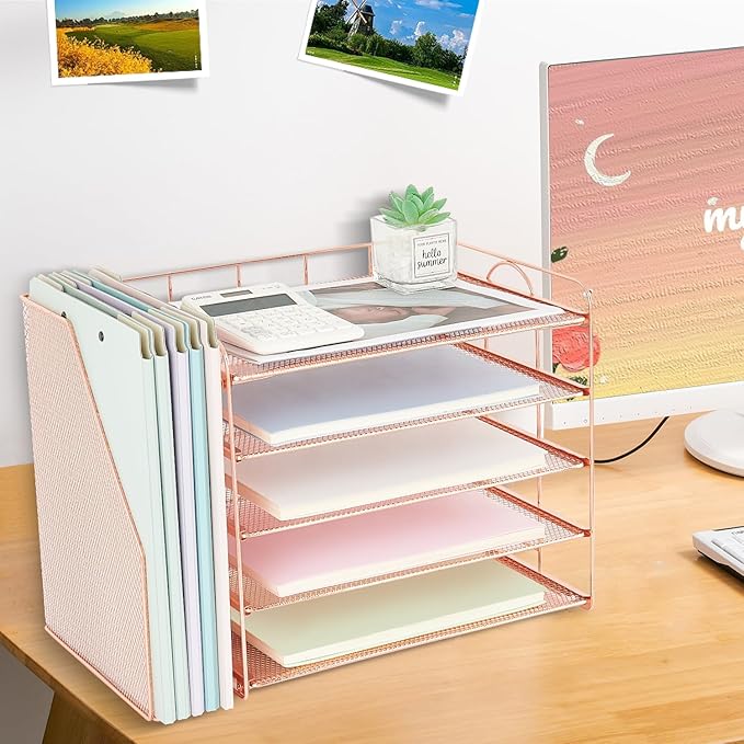 OPNCIE Desk Organizers and Accessories, 5 Tier Paper Letter Tray File Organizer, Office Organization Storage Desk Accessories Workspace Desktop Organizer for Classroom Office Supplies Decor(Rose)