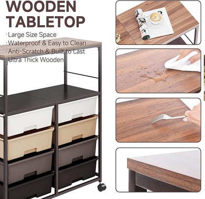 8 Drawers Rolling Storage Cart with Wooden Top, Multipurpose Utility Cart with Opening Shelf & Lockable Wheels, Storage Drawer Cart Organizer for Home Office Craft Room Classroom, Brown