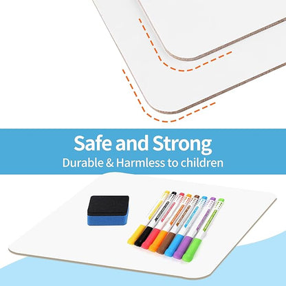 Set of 12 Small White Board Dry Erase Boards Classroom Pack 9" x12” Double Sided Personal Whiteboards for Students Teachers School Supplies Lapboards Mini Whiteboard Erasers Incl and Colors Pens