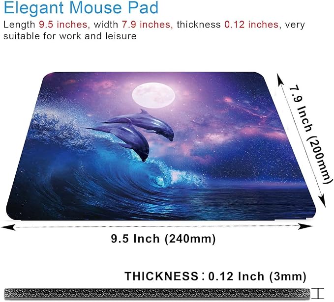 Night Ocean Mouse Pad,Beautiful Dolphins Mouse Pad,Full Moon Mouse Pad,Mouse Mat Square Waterproof Mouse Pad Non Slip Rubber Base MousePads for Office Laptop, 9.5"x7.9"x0.12" Inch