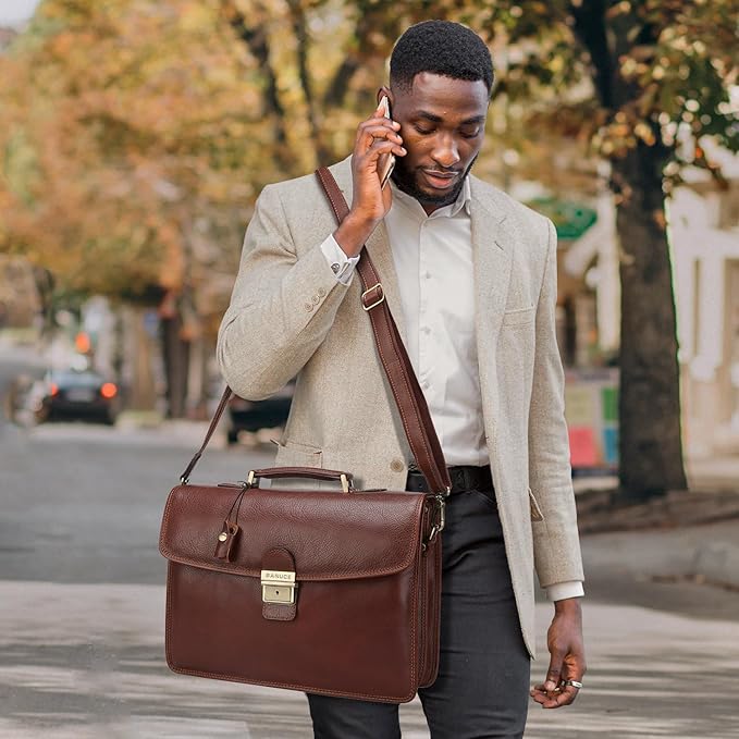 Banuce Slim Vintage Full Grain Italian Leather Briefcase for Men with Lock 14 Inch Laptop Bag Business Work Bags Attache Case Brown