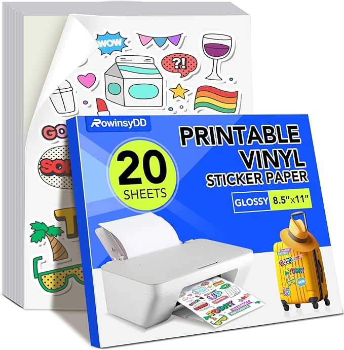 20 PCS Printable Vinyl Sticker Paper for Inkjet Printer & Laser Printer,Standard Letter Size 8.5"x11",Waterproof Sticker Paper Dries Quickly Vivid Colors,Matte White