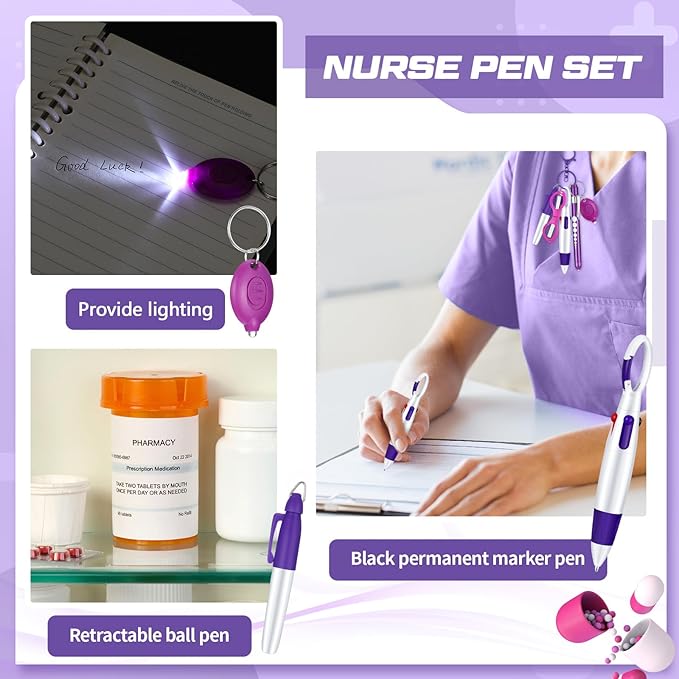 6 Pcs Nurse Pen Set Include Permanent Marker Pen Retractable Ballpoint Pen Keychain Clip Foldable Scissors Lights LED Flashlight Keychain for Nurse Accessories(Purple)