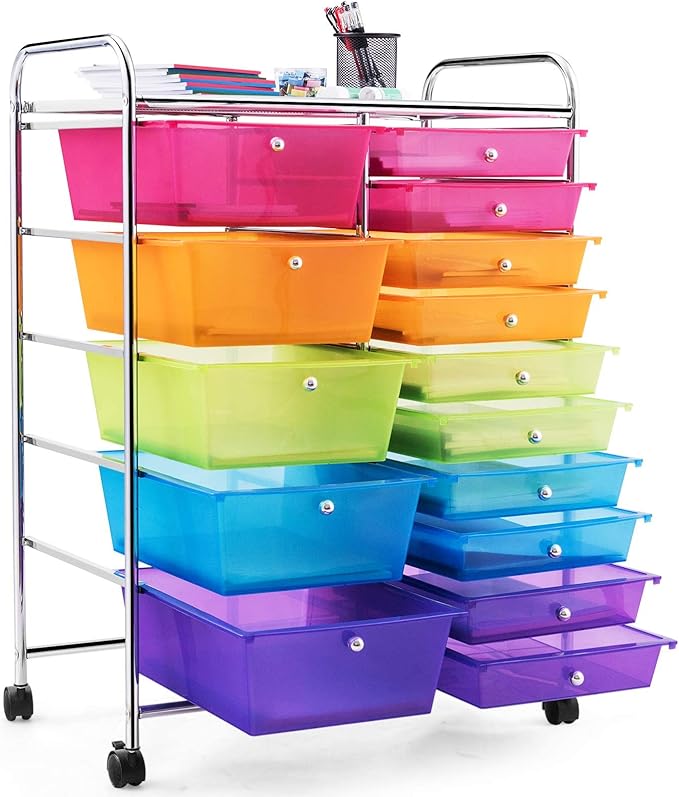 Giantex 15-Drawers Rolling Storage Cart, Mobile Book Paper Organizer Utility Trolley with Wheels, Ideal for School, Office, Home (Rainbow)