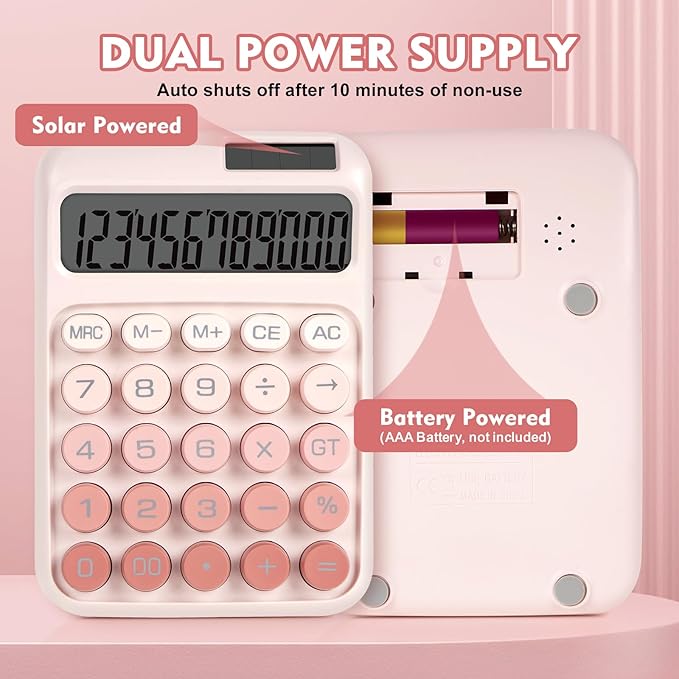 Mechanical Switch Calculator with Big Buttons, Calculators Desktop, 12 Digits, Solar Battery Power, Desk Calculator, Large LCD Display, Cute Pink Calculator for Teachers Students Basic Office