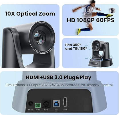 HDMI/USB PTZ Camera 10X Optical Zoom 60fps 1080P Video Conference Camera for Church Worship Live Streaming Meeting Online Learn with Zoom Skype OBS and More