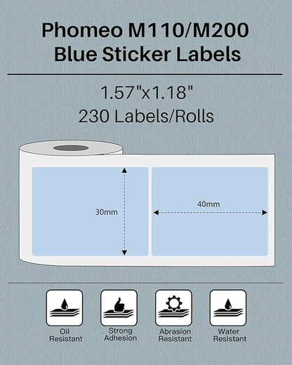 Phomemo Sticker Label M110/M221/M220/M120/M200/M110S Thermal Label- Black on Blue 1.57"x1.18"(40x30mm) for Small Business, Home, Office, 230 Labels/Roll