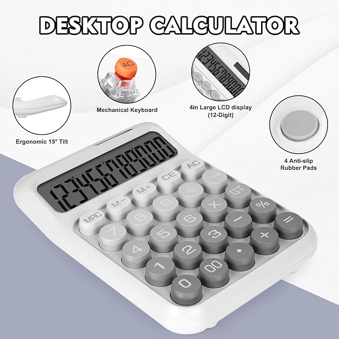 Mechanical Switch Calculator with Big Buttons, Calculators Desktop, 12 Digits, Solar Battery Power, Desk Calculator, Large LCD Display, Cute White Calculator for Teachers Students Basic Office