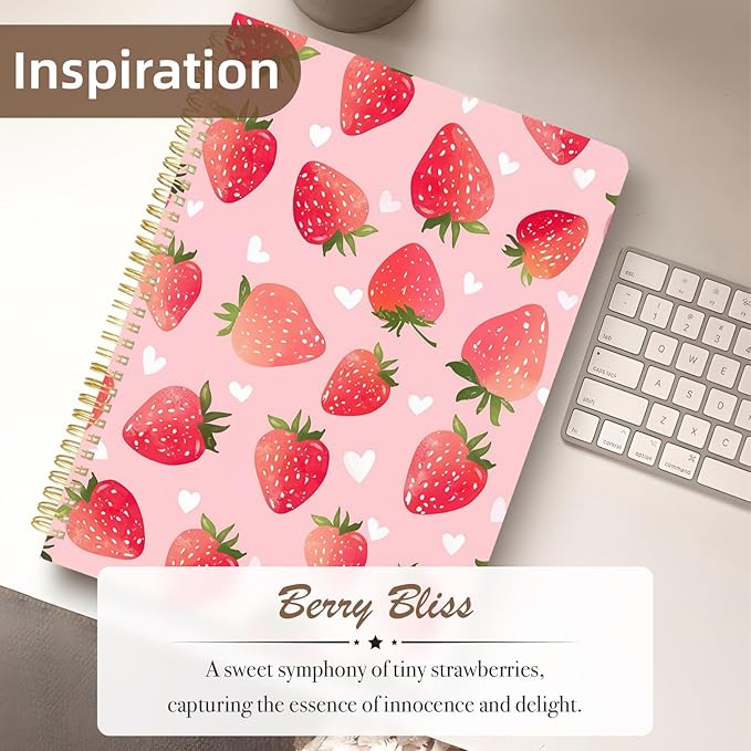 Cute Spiral Notebook journal A4 Aesthetic Pretty Design for Women Girls Kawaii with Pocket, 8.5 x 11 inch, Lined, Strawberry