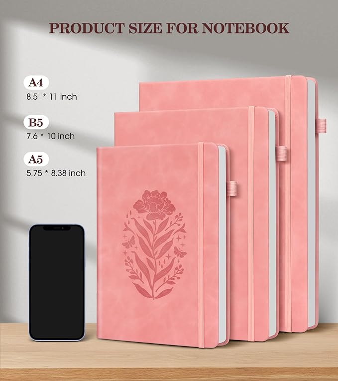 Lined Journal Notebook for Women, Pink Hardcover Leather Journaling Notebooks 8.5" x 11", A4 200 Pages Big Journals for Writing, College Ruled Notebook for Work School, Note Taking, Business Diary