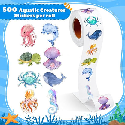 1 Roll Animal Stickers Reward Cute Space Stickers Office Supplies Incentives Sticker Animal Party Favor Decal, 500 Pcs Each Roll(Aquatic Creatures)