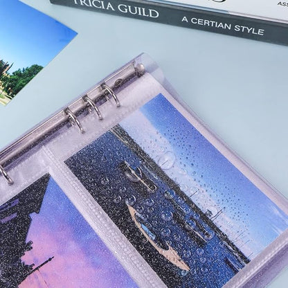 Purple Giltter PVC Kpop Photocard Binder Loose Leaf 6-Ring Wide A5 Photocards Holder with 6 Inch 100 Pockets Photo Pages Transparent Card Sleeve Protectors Page for Photos Cards Album Folder Organizer