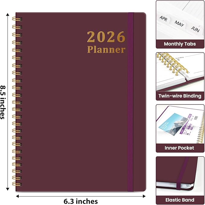 2026 Planner, Weekly and Monthly Calendar Planner, January 2026 - December 2026, Hardcover 2026 Calendar Planner Book with Tabs For Women & Men, Inner Pocket, Spiral Bound, Perfect for Office Home School Supplies - A5 (6.3" x 8.5"), Burgundy