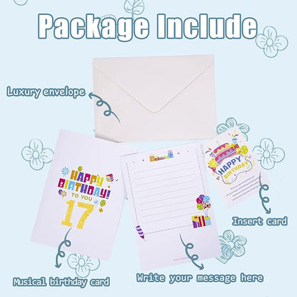 Gumry 17TH Birthday Card, Blowable Musical Birthday PopUp Card with LED Light Candle Song 'Happy',17th Birthday Decorations,17th Birthday Gifts for 17 Years Old Girls Boys Teens Son Daughter