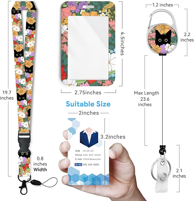 Cute Cat Hidden in The Flowers Badge Holder with Retractable Reel and Breakaway Lanyard，Badge Clips Retractable Heavy Duty Badge Reel，ID Holder with Breakaway Lanyard for School Nurse Office Teen ﻿