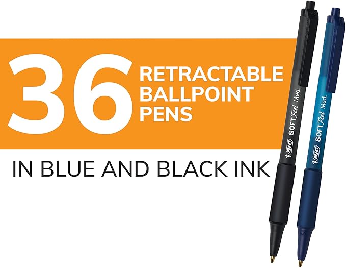 BIC Soft Feel Assorted Colors Retractable Ballpoint Pens, Medium Point (1.0mm), 36-Count Pack, Black and Blue Pens With Soft-Touch Comfort Grip, Perfect Color Pens For Note Taking