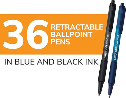 BIC Soft Feel Assorted Colors Retractable Ballpoint Pens, Medium Point (1.0mm), 36-Count Pack, Black and Blue Pens With Soft-Touch Comfort Grip, Perfect Color Pens For Note Taking