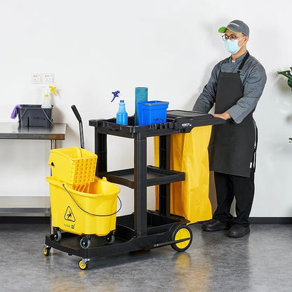Restaurantware-Clean Tek Professional Janitor Cart with Wheels, 1 Cleaning Trolley with Cover and 21 Gallon Bag - 3 Shelves, Heavy-Duty, Gray Plastic Commercial Janitorial Cart, for Restaurants