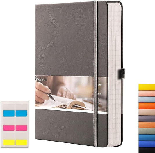 EMSHOI Lined Journaling Notebooks - 120gsm Thick Leather Journal with Sticky Notes, 256 Numbered Pages A5 Hardcover College Ruled Notebook for Work School Writing, Medium 5.75" x 8.38"-Dark Grey