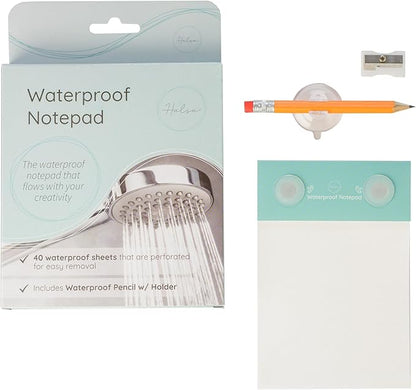 Halsa Waterproof Shower Notepad with Pencil, Sharpener & Suction Cups – 40 Sheets for Waterproof Writing – Capture Ideas in the Shower – Ideal for Bathroom, Office, or Travel