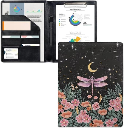 Dragonfly Flower Moon Portfolio Folder Leather Padfolio with A4 Size Clipboard Clip for Business Resume Interview Document Sleeve Binder Folder for Men/Women
