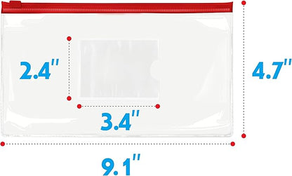26 Clear Zip Envelope File Bill Document Bag Pocket Pencil Case with Tag Pocket, 5 Assorted Colors, 9.1” x 4.7”fit A6 Sheets