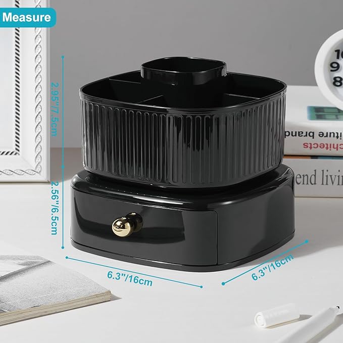 Desk Pencil Pen Holder with Drawer, 5 Slots 360 Degree Rotating Pencil Pen Organizers Desk Organizers for Office Accessories Shool Supply Black