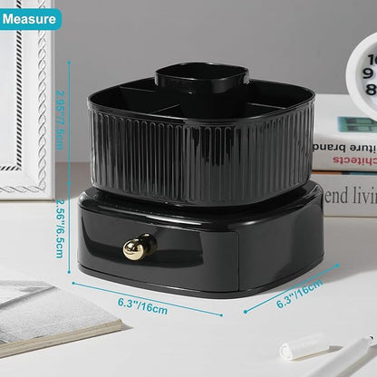 Desk Pencil Pen Holder with Drawer, 5 Slots 360 Degree Rotating Pencil Pen Organizers Desk Organizers for Office Accessories Shool Supply Black