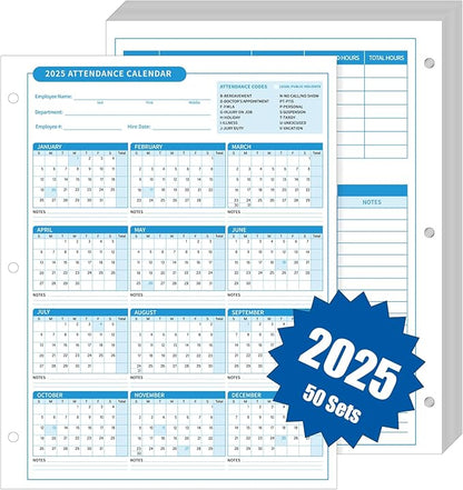 ReliThick 50 PCS 2025 Attendance Calendar Card Stock Paper 2025 Attendance Sheets for 3 Hole Binder Employee Record Folders for Manager, HR, Store Location Managers(Blue)