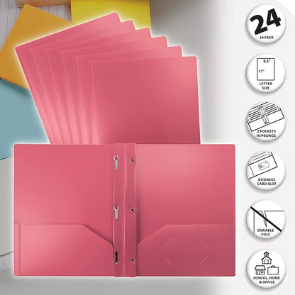 Better Office Products Pink Plastic 2 Pocket Folders with Prongs, Heavyweight, Letter Size Poly Folders, 24 Pack, with 3 Metal Prongs Fastener Clips, Pink