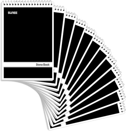 SUNEE 12 Pack Steno Pads 6x9, Gregg Rule, 60 Sheets, Spiral Notebook 6x9, White Paper, Take Notes with Top Spiral Notebook, for School, University, College, Work, Office, Black