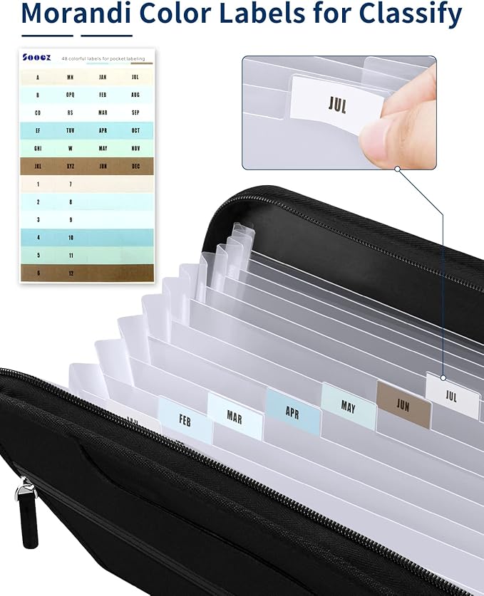Sooez Heavy Duty Accordion File Organizer with Hidden Handle, Portable 12 Pockets Expanding File Folders, Cloth Monthly Bills Receipt Organizer for Letter/A4, School Classroom Home & Office Supplies