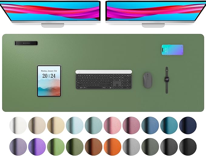 Aothia Leather Desk Pad Protector, Mouse Pad, Office Desk Mat, Non-Slip PU Leather Desk Blotter, Laptop Desk Pad, Waterproof Desk Writing Pad for Office and Home (48"x17", Olive Green)