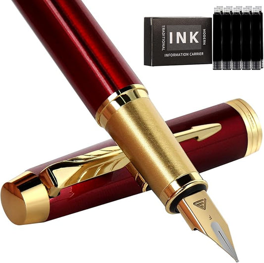 Fountain Pen, luxury pens, Fine point smooth writing pens for journaling fancy pens with Gift Case 10 black ink cartridges an ink converte nice pens writer gifts-Matte Red