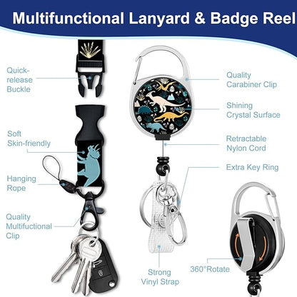 Cute Dinosaur Lanyards for Id Badges, Retractable ID Badge Holder with Detachable Lanyard, Fashionable Badge Reel Heavy Duty with 360 Degrees Rotate Carabiner Clip, Nurse Teacher Office Gifts