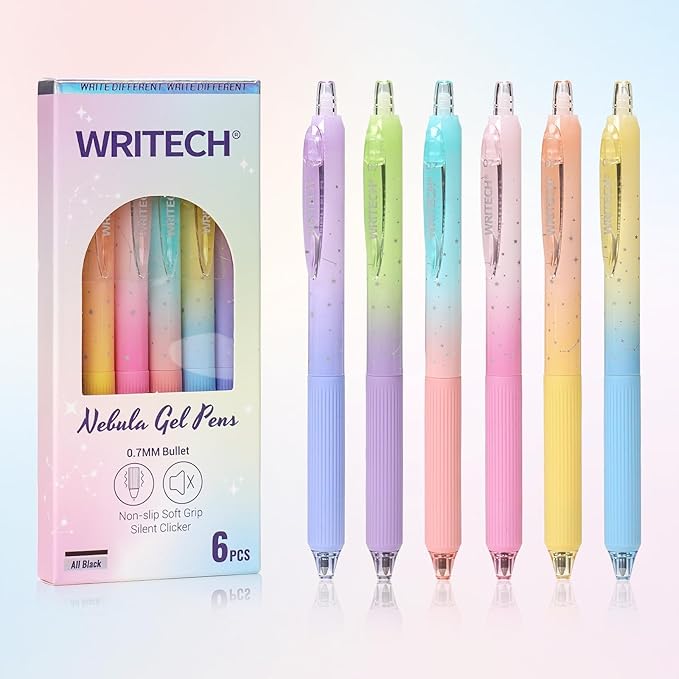 WRITECH Gel Pens Fine Point: 0.7mm Black Ink Retractable 6ct Smooth Writing with Aesthetic Gradient Color Barrel for Journaling Note Taking Silent Click No Smear Nebula Pen Set