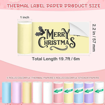 Mini Thermal Printer, Portable Mini Printer with 10 Rolls Printing Paper, Sticker Printer Machine, Mini Pocket Printer for Photos, Journals, DIY, Study Printer Compatible with Android & iOS