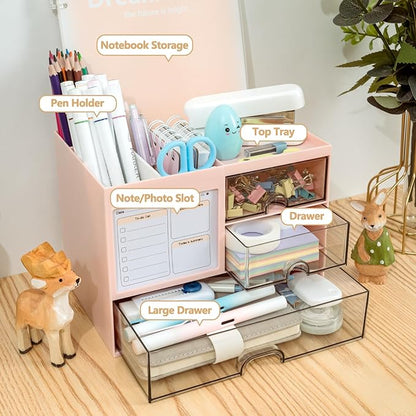 Desk Organizer with 3 Drawer, Multi-Functional Pencil Pen Holder for Desk, Desk Organizers and Storage with 8 Compartments, Desktop Organizer for Office Home Art Supplies (Pink)