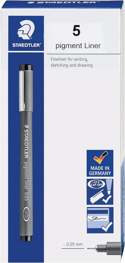 STAEDTLER Pigment Liner, Fineliner Pen for Drawing, Drafting, Journaling, 0.05mm, Black, Box of 5 Pens, 308 0059M