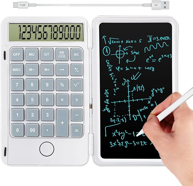 Hion Calculators,12-Digit Large Display Rechargeable Pocket Office Desktop Calculator with Erasable Wiriting Tablet,Mute Basic Desk Calculators with Doodle Pad for Student Home School,White