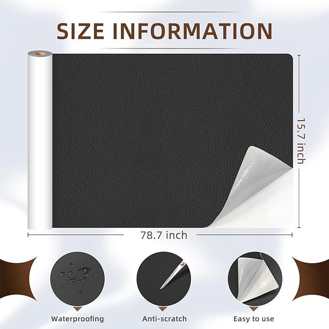 CHEIGHY Leather Repair Kit Self Adhesive Leather Repair Patch for Furniture 15.7X78.7 inch Vinyl Repair Kit for Couches Car Seats Sofa Office Chair Belt Jackets (Black)